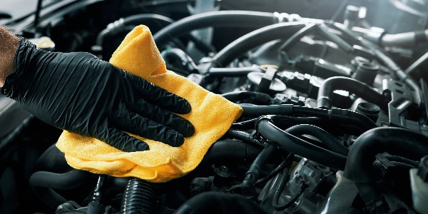 cleaning car engine with microfiber cloth. auto detailing. banner with copy space